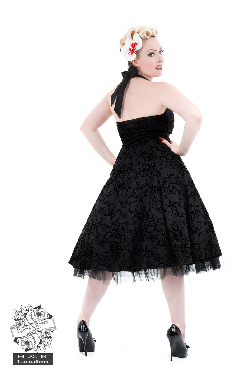 Black Taffeta Flocked Halter Dress